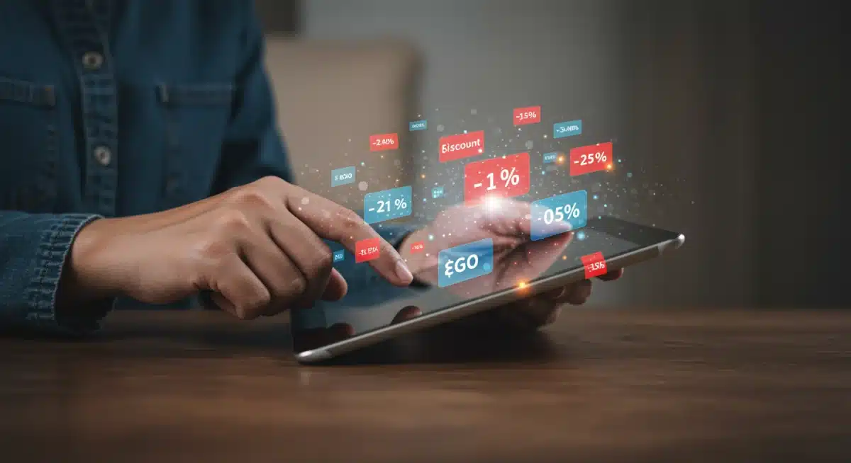 Pessoa analisando ofertas de celulares em um tablet, com gráficos de preços e promoções digitais.