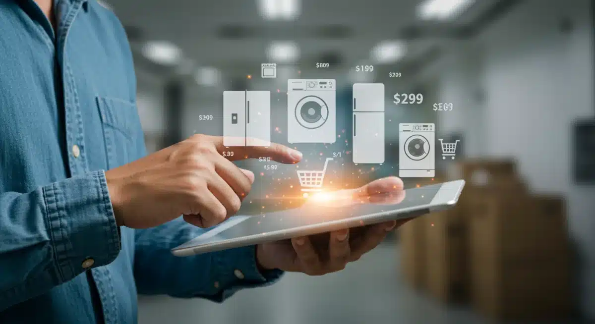 Pessoa comparando preços de eletrodomésticos em um tablet