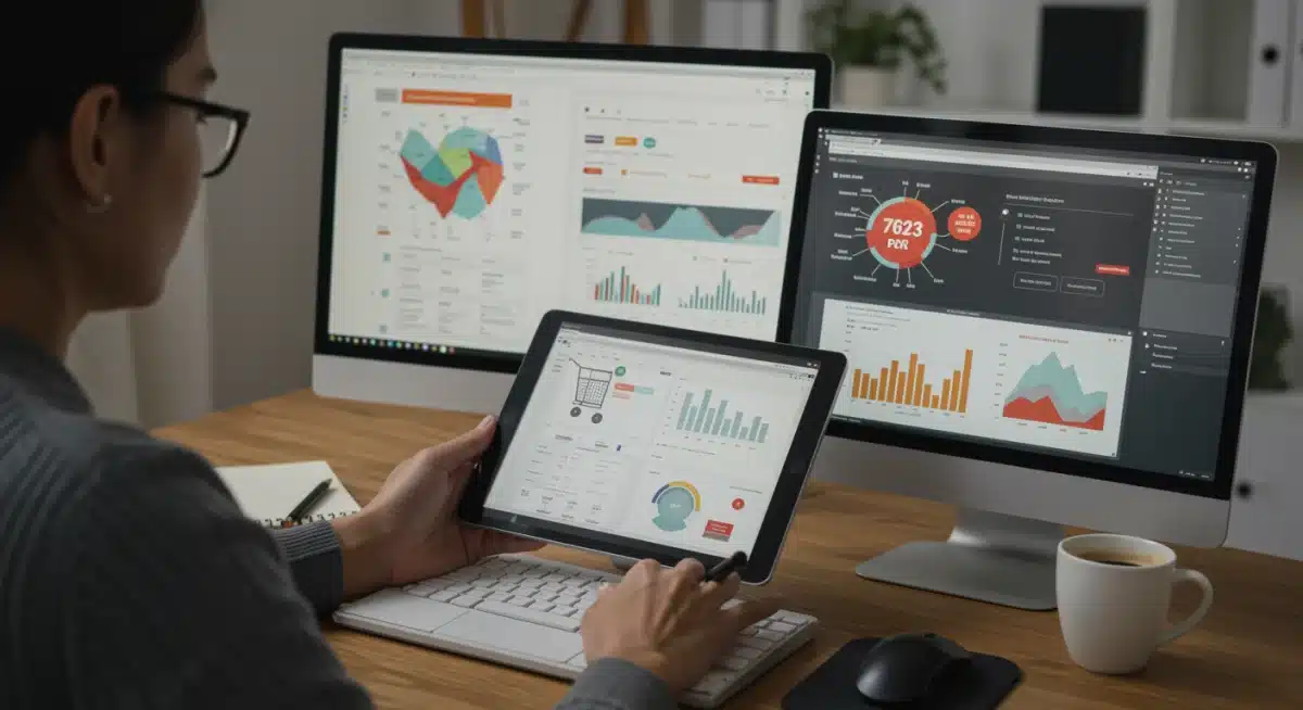 Pessoa focada em várias telas, comparando preços de smartphones em diferentes lojas online, com gráficos e anotações para otimizar a busca por ofertas.