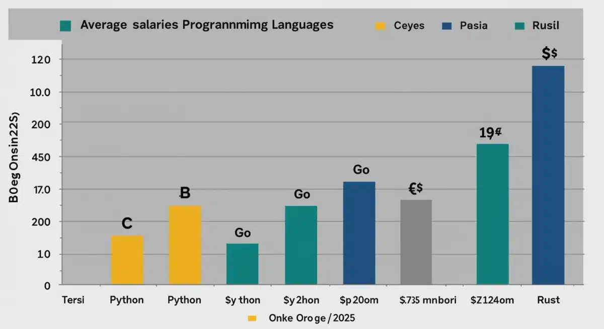 Gráfico de barras comparando salários médios de linguagens de programação no Brasil em 2025.