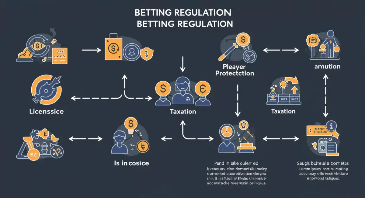 Infográfico detalhado sobre os componentes da regulamentação de apostas, incluindo licenciamento e proteção ao jogador.