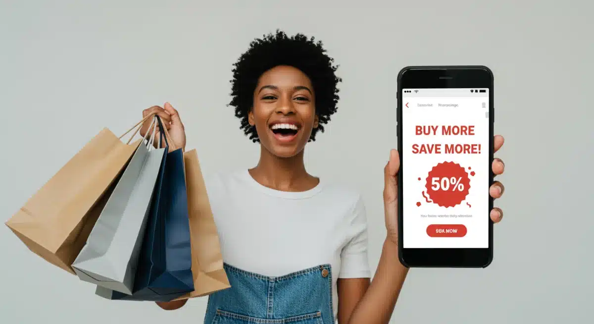 Pessoa feliz com sacolas de compras e smartphone, aproveitando ofertas de descontos progressivos.