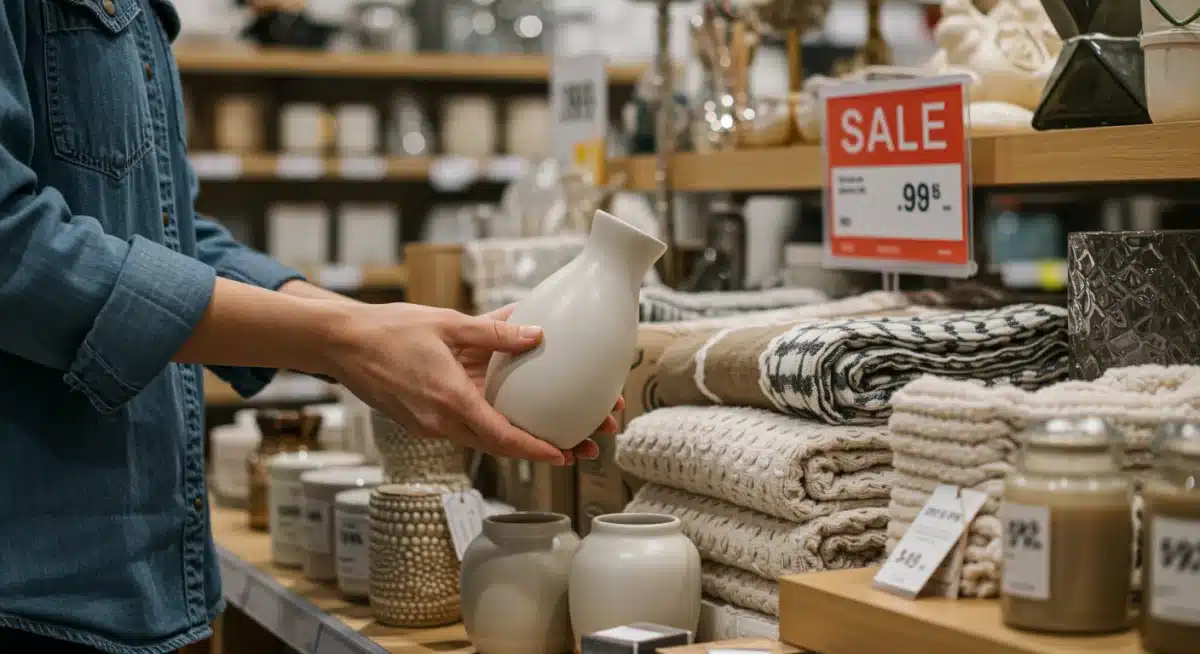 Pessoa analisando artigos de decoração em loja, buscando as melhores ofertas e descontos de temporada.