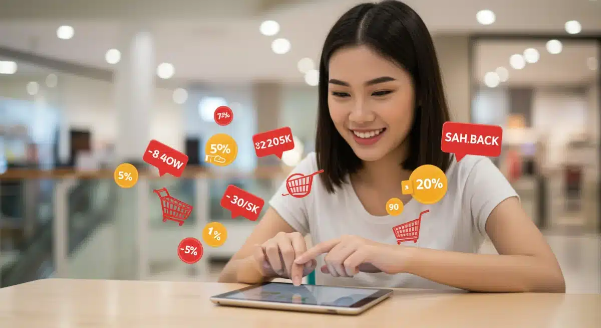 Pessoa utilizando um tablet para comprar online, com produtos em oferta e ícones de cashback, simbolizando economia e benefícios de clubes de desconto.