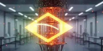 Computador quântico futurista com luzes vibrantes, representando o avanço tecnológico e o potencial do Brasil na computação quântica.