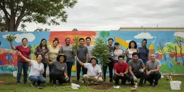 Pessoas diversas colaborando em um projeto social, plantando árvores e pintando um mural, simbolizando impacto positivo na comunidade.