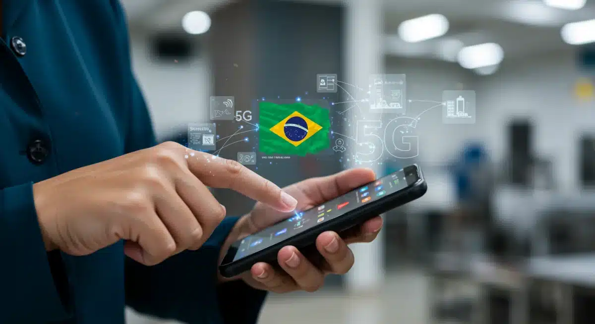 Consumidor brasileiro usando smartphone 5G com conteúdo de alta velocidade