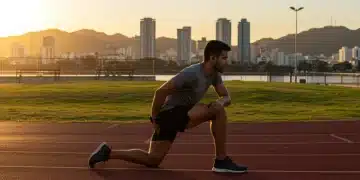 Corredor brasileiro se preparando para maratona ao pôr do sol em pista de atletismo