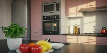 Cozinha moderna com eletrodomésticos de aço inoxidável em promoção