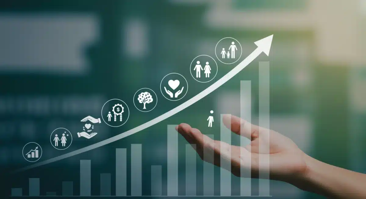 Gráfico de crescimento financeiro com ícones de impacto social, representando o aumento da receita em projetos sociais.