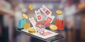 Tela de smartphone exibindo cupons de desconto e sacolas de compras, simbolizando economia em compras online em 2025.