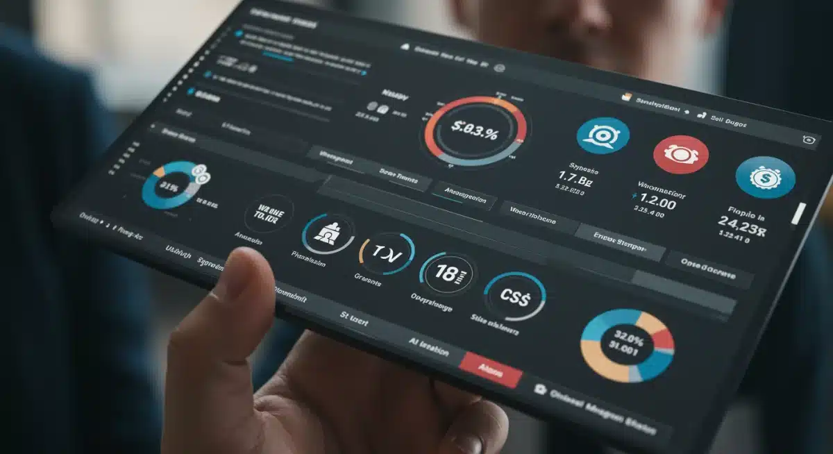 Painel digital de controle financeiro para projetos sociais, mostrando métricas e orçamentos.