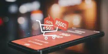 Smartphone exibindo um desconto de R$500, com fundo de compras online e calendário de janeiro de 2025.