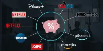Ícones de serviços de streaming com um símbolo de desconto, representando economia em assinaturas.
