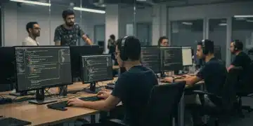 Desenvolvedores de software colaborando em escritório moderno no Brasil, com códigos em Python, JavaScript e Go em telas.