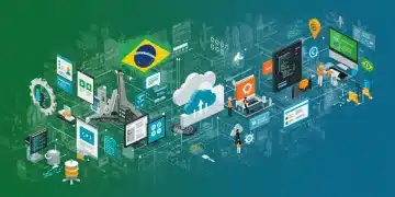 Ilustração digital de DevOps com elementos de automação, integração e colaboração, inserida em um contexto tecnológico brasileiro.