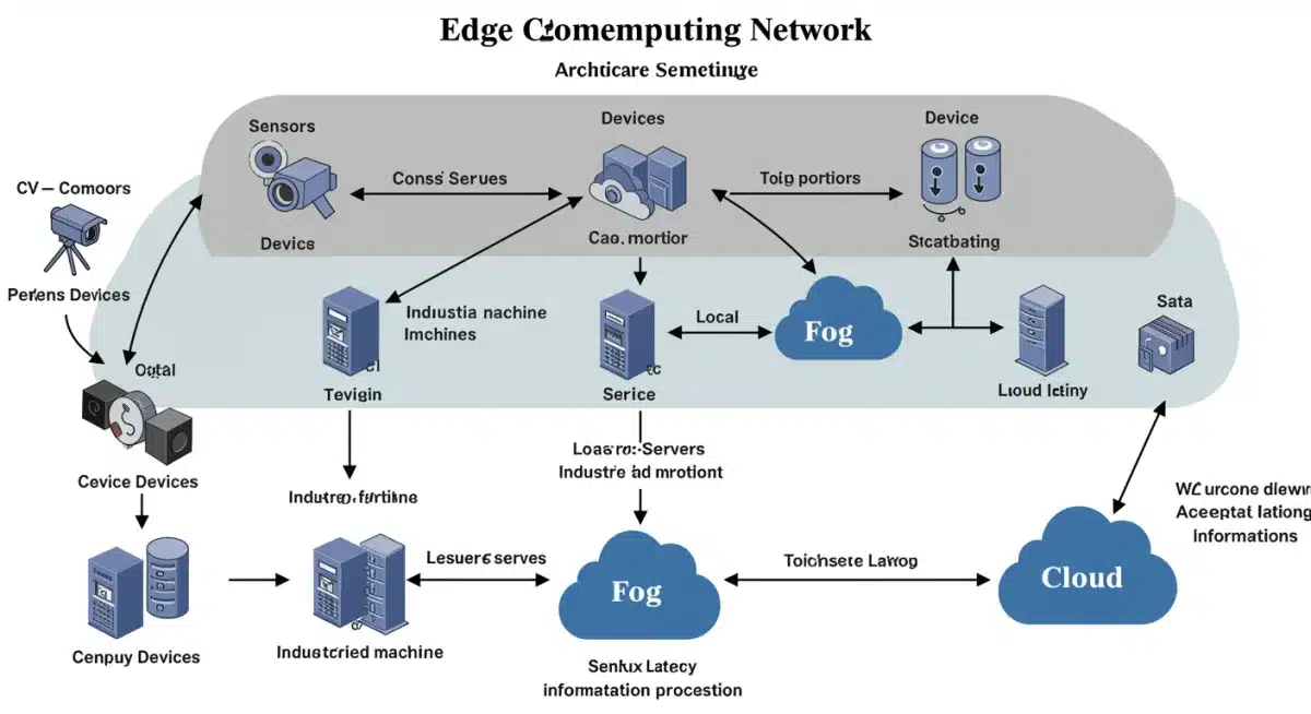 Diagrama de arquitetura de rede Edge Computing, mostrando sensores, dispositivos e servidores locais processando dados na borda