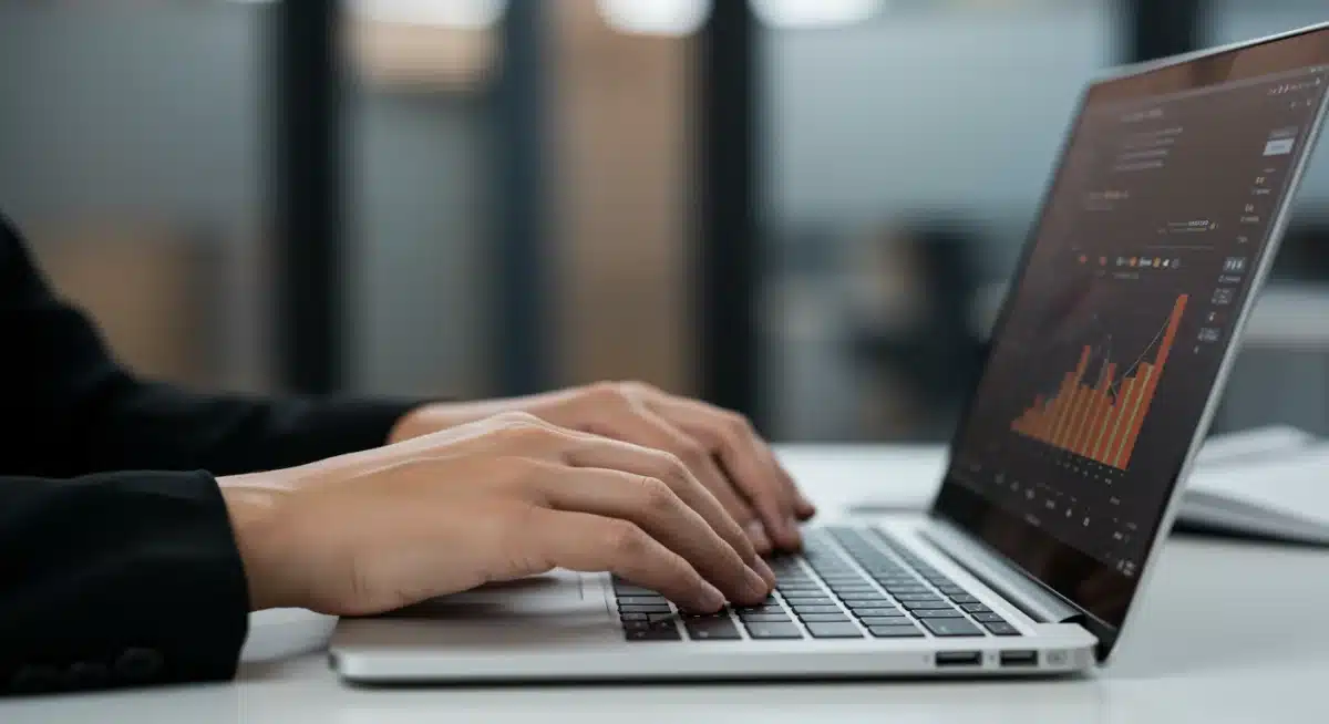 Pessoa digitando em um notebook, simbolizando produtividade e a utilização dos equipamentos em promoção.