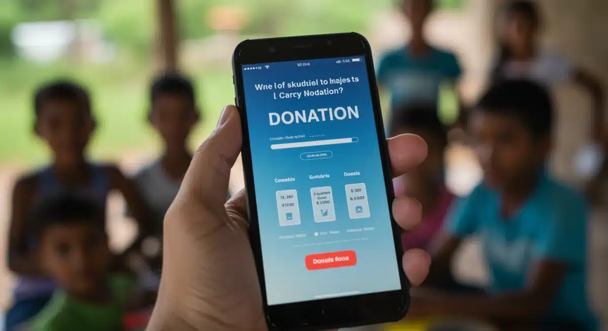Mão segurando um smartphone com página de doação online para projeto social.