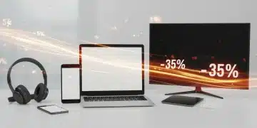 Mesa com diversos eletrônicos modernos e símbolos de desconto flutuando, representando oportunidades de economia.