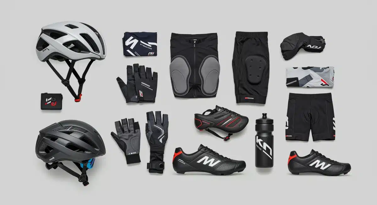 Equipamentos essenciais para ciclismo de estrada: capacete, sapatilha, bermuda, camisa, luvas e garrafa d'água.