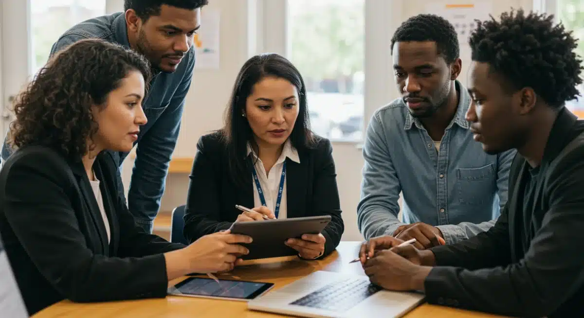 Profissionais de assistência social analisando as novas regulamentações do CNEAS 2025 em ambiente de trabalho colaborativo.