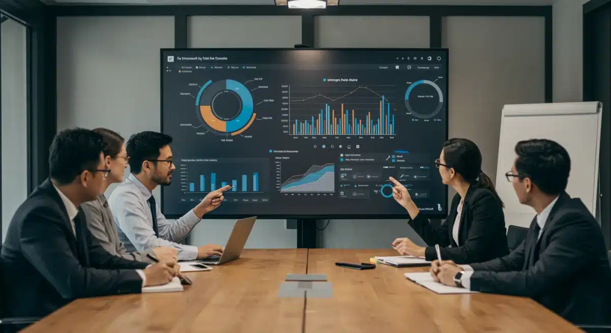 Profissionais em sala de reunião analisando gráficos e dashboards de dados em tela grande, simbolizando a tomada de decisões estratégicas com base em analytics.