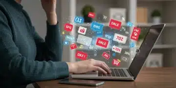 Pessoa confusa diante de tela de computador com ícones de compras e descontos, simbolizando os erros ao buscar ofertas online.