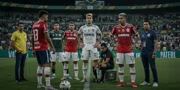Visão aérea de um estádio de futebol brasileiro, com jogadores em campo e torcedores nas arquibancadas, simbolizando o dinamismo do mercado de transferências para 2025.