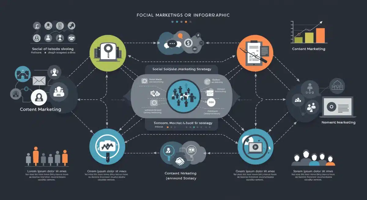 Infográfico detalhado mostrando canais de marketing digital conectados para uma estratégia de projeto social.