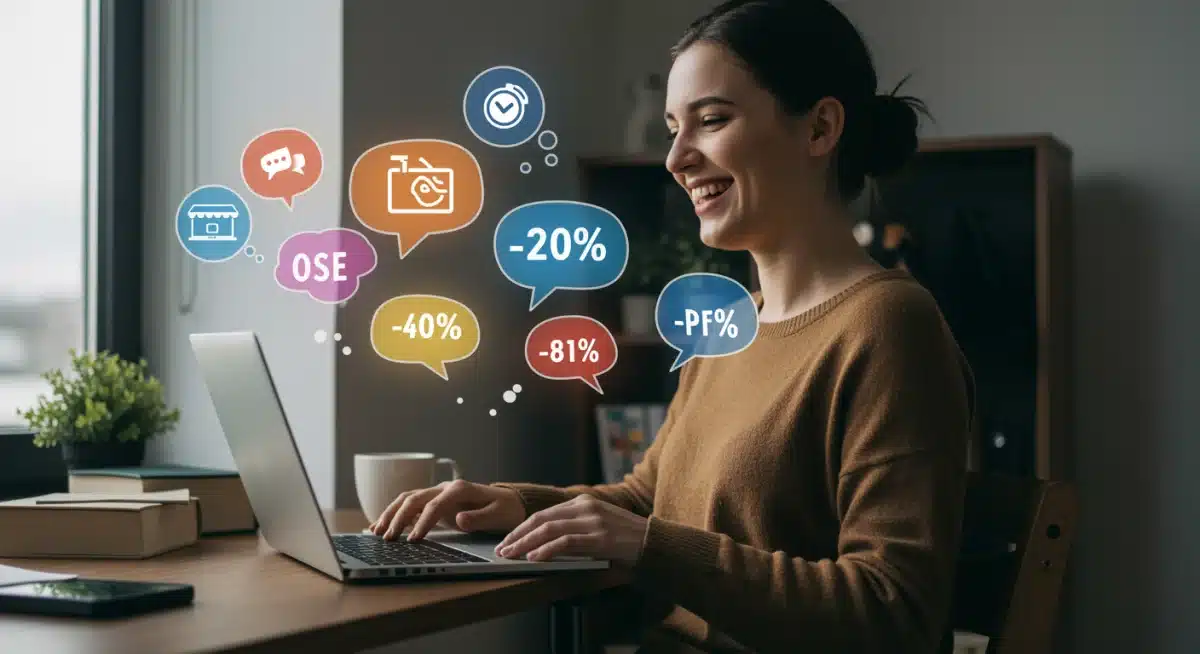 Pessoa feliz usando laptop com ícones de e-commerce e porcentagens de desconto, ilustrando a economia em compras online.