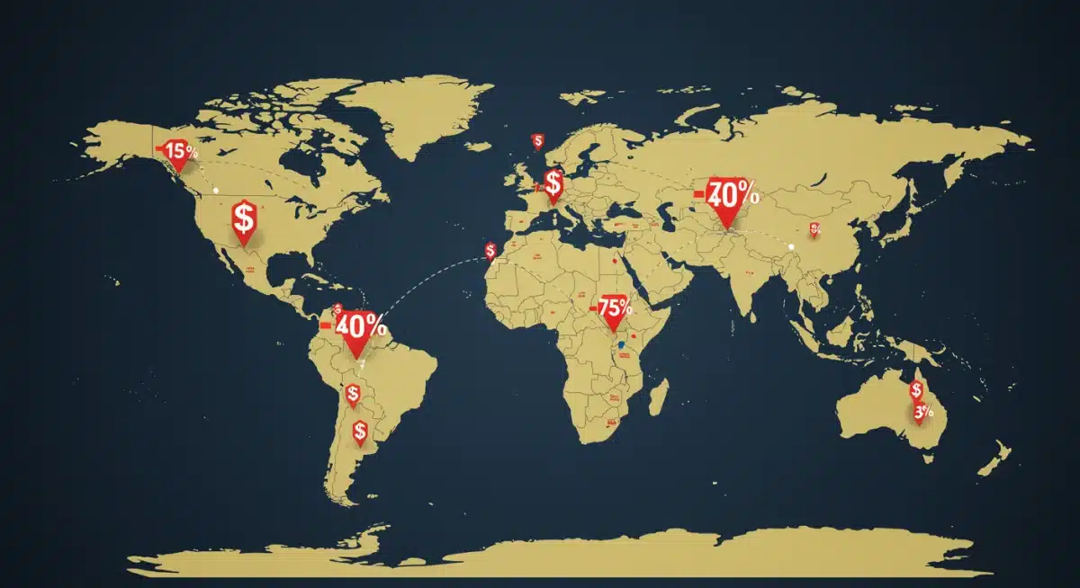 Mapa-múndi com rotas de voos e símbolos de desconto, representando oportunidades de viagem.