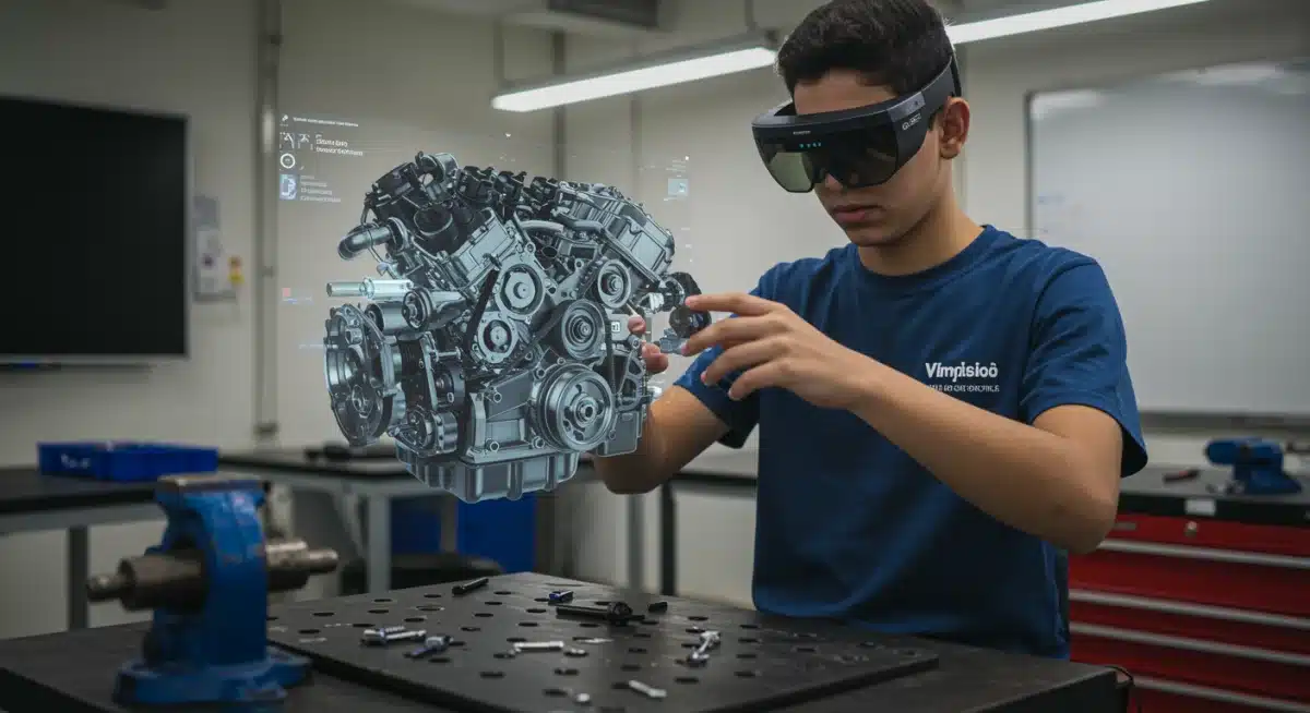 Estudante brasileiro usando óculos de realidade aumentada, montando um motor virtual em uma bancada de trabalho em uma sala de aula de treinamento vocacional.