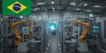 Fábrica futurista no Brasil com robôs e máquinas inteligentes operando com Edge Computing, simbolizando a Indústria 4.0