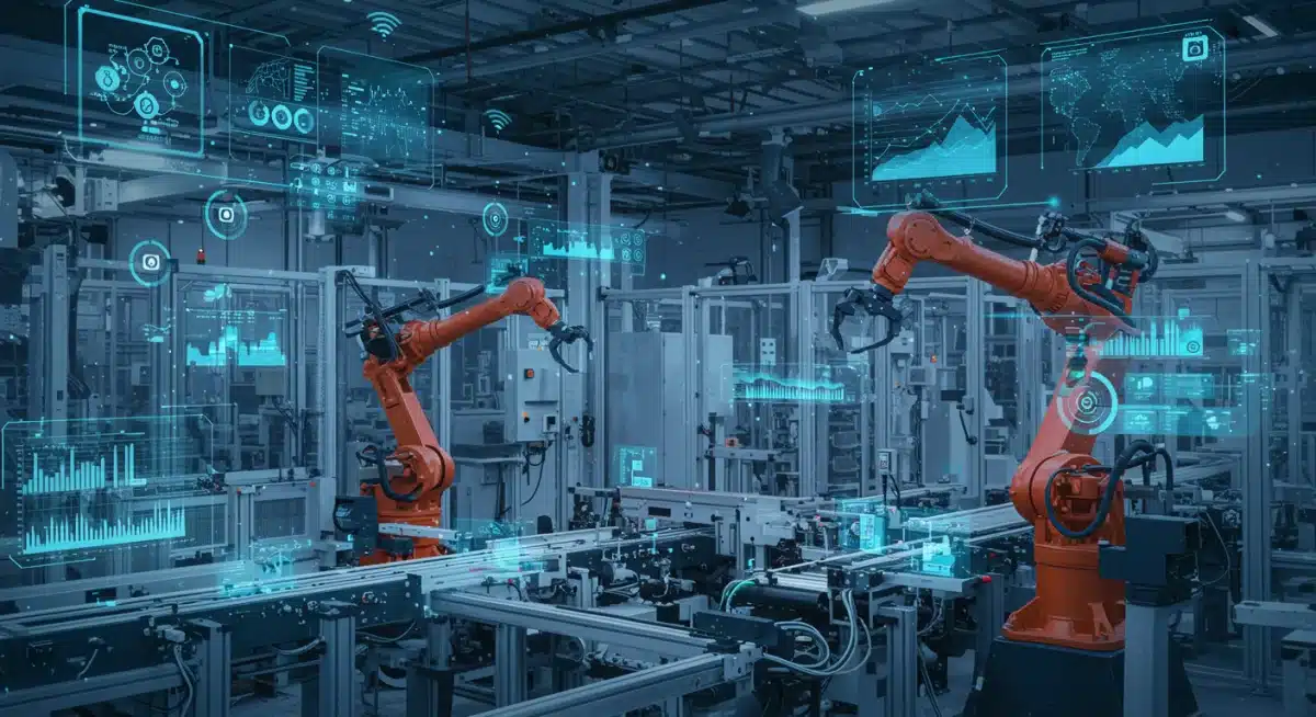 Fábrica inteligente com robôs e sensores IoT monitorando a produção, exemplificando a otimização de operações industriais em 2025.