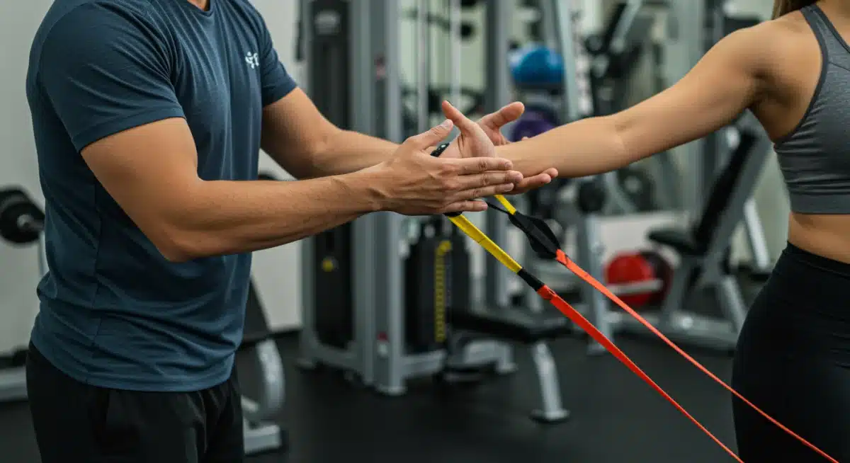 Fisioterapeuta orientando atleta amadora em exercício com faixa elástica para fortalecimento muscular e prevenção de lesões.