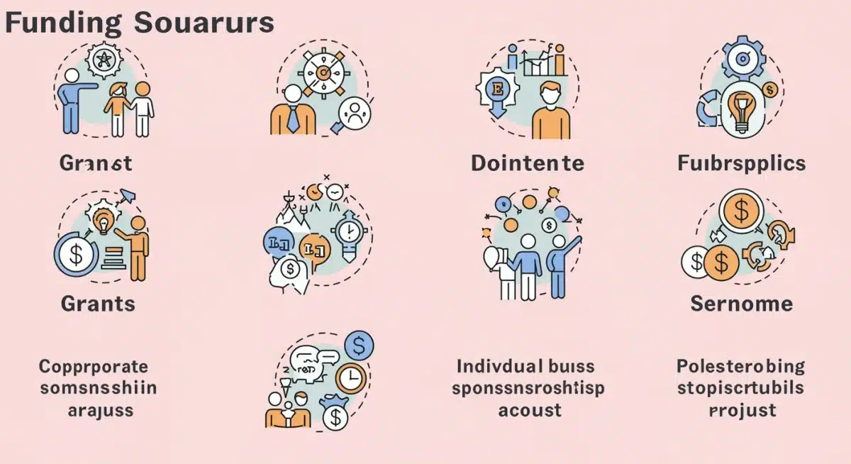 Infográfico detalhando fontes de financiamento para projetos sociais, como doações, patrocínios e editais.