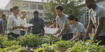 Pessoas colaborando em um projeto social com gráficos financeiros ao fundo, simbolizando a gestão de recursos.