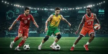 Inteligência Artificial analisando o desempenho de atletas em futebol, vôlei e basquete no Brasil em 2025.