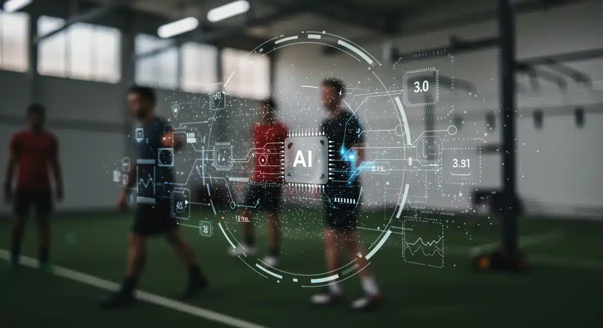 Gráfico detalhado de dados esportivos sendo processados por inteligência artificial para otimização de desempenho.