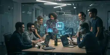 Equipe de PME brasileira otimizando processos com inteligência artificial, mostrando gráficos de produtividade.