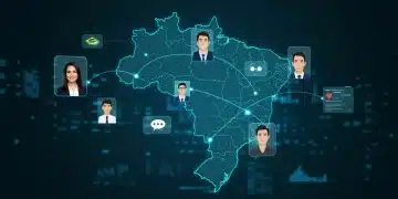 Interface digital futurista com assistente virtual e mapa do Brasil estilizado.