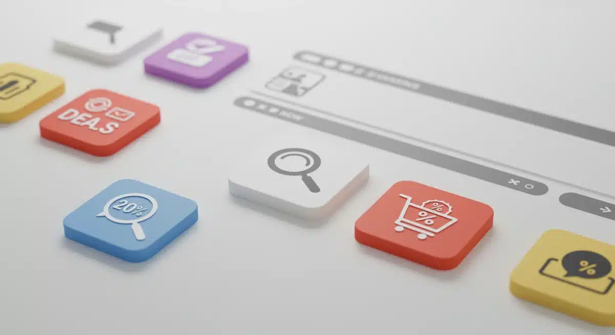 Ilustração de interface de navegador com ícones de extensões de desconto destacando uma pesquisa por ofertas