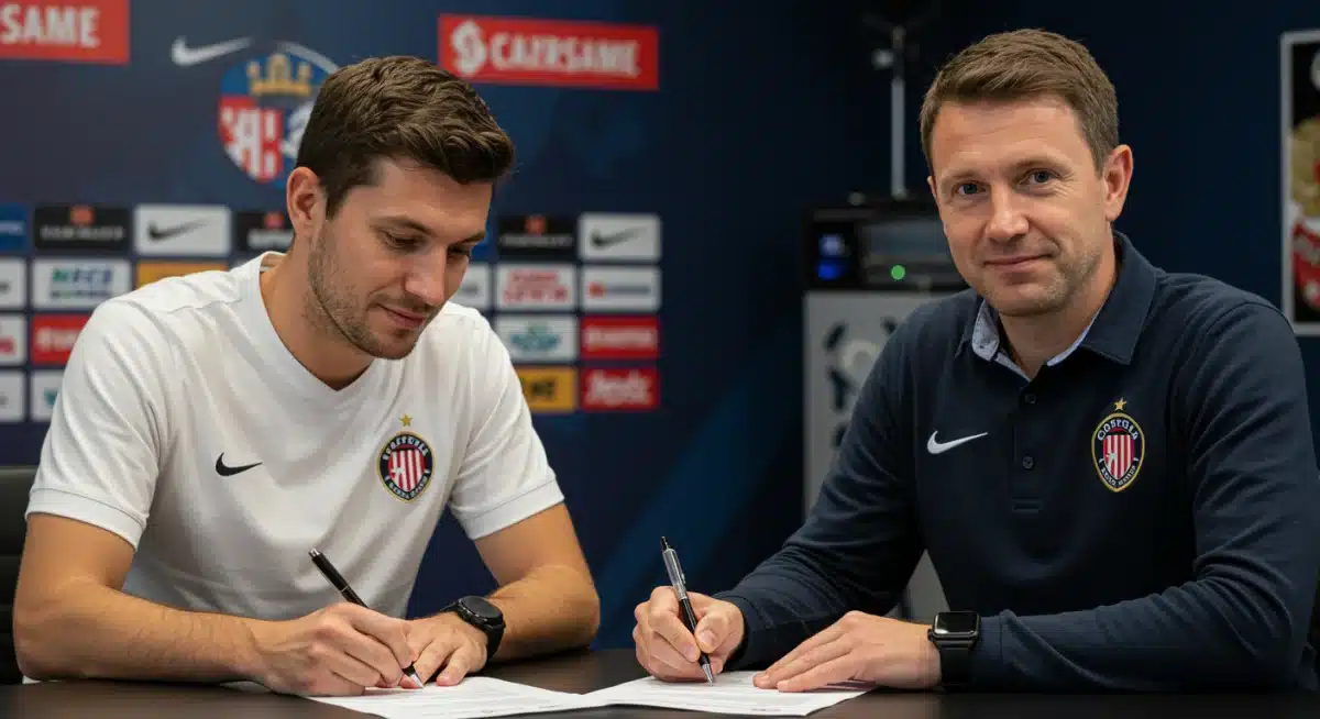 Um jogador de futebol assinando um contrato com um representante de um clube, simbolizando a oficialização de uma transferência importante no mercado da bola.