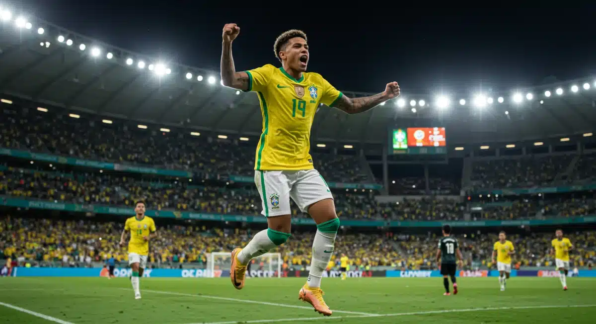 Jovem jogador brasileiro celebrando um gol com a torcida, demonstrando paixão e alegria.