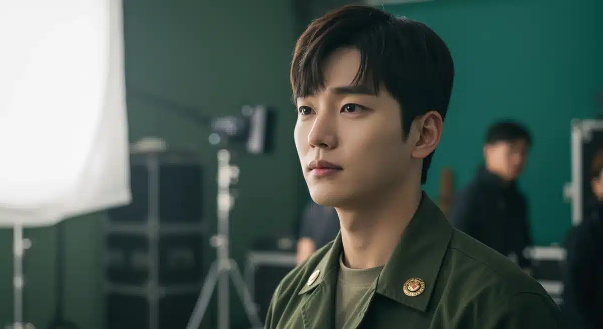 K-drama actor in deep thought, reflecting on his upcoming military enlistment and career break