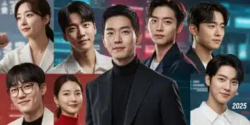 Seven prominent K-drama actors smiling, representing their expected dominance in US streaming by 2025.