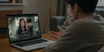 Frustrated viewer troubleshooting K-Drama buffering on laptop in US home