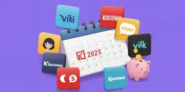 Illustration of K-drama streaming apps, calendar, and piggy bank symbolizing subscription savings in 2025.