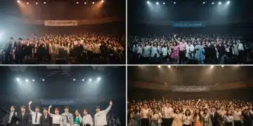 K-Drama stars greeting enthusiastic fans at a large 2025 US fan meet event, vibrant stage lighting.